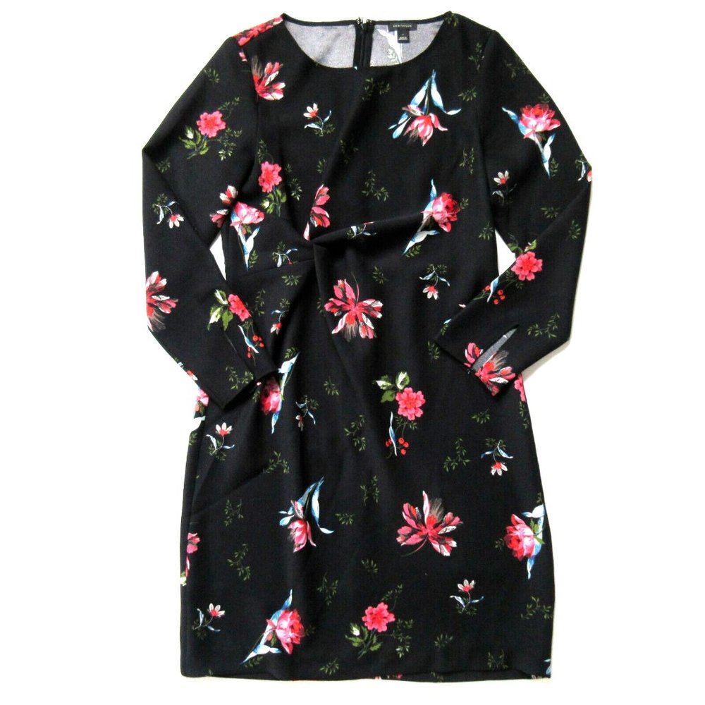 ANN TAYLOR Garden Floral Knotted Shift in Black Crepe Dress 4